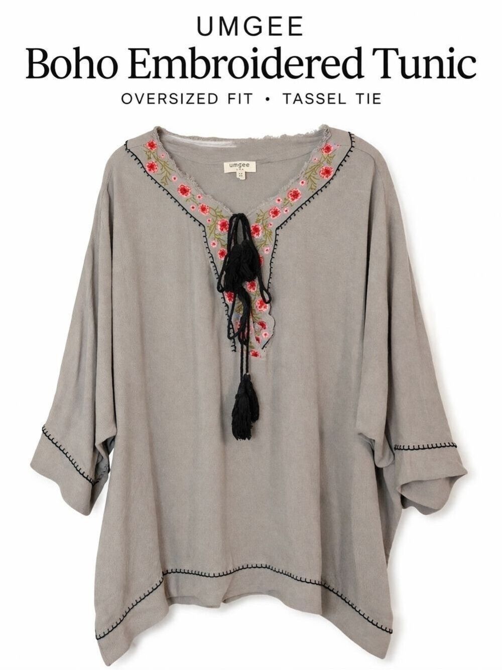 Umgee Boho Embroidered Gray Black Tunic Top Tassel Tie Raw Edge Oversized Medium